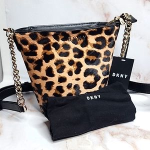 Dkny calf hair leopard bucket leather crossbody bag new with tags and du…
